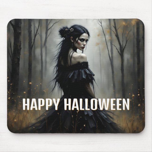 Mystic Lady in Dark Halloween Forest Mouse Mat (Front)