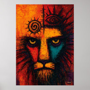 Mystic Lion Face in Colour Fields Expressionist Po Poster