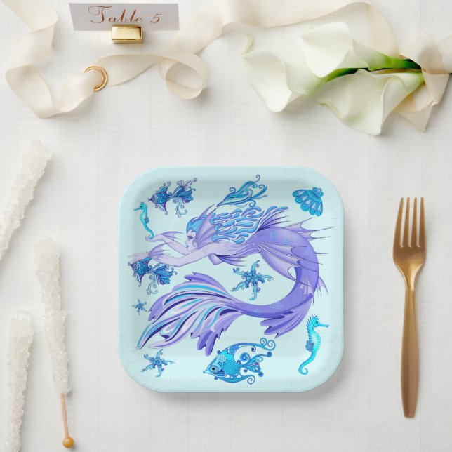 Mystic Mermaid Fairy Purple Creature Ceramic Tile Paper Plate (Wedding)