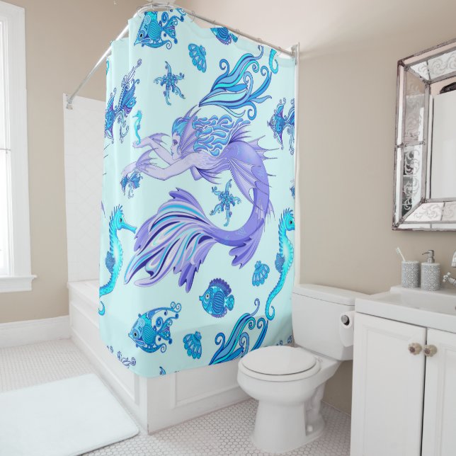 Mystic Mermaid Fairy Purple Creature Ceramic Tile Shower Curtain (In Situ)