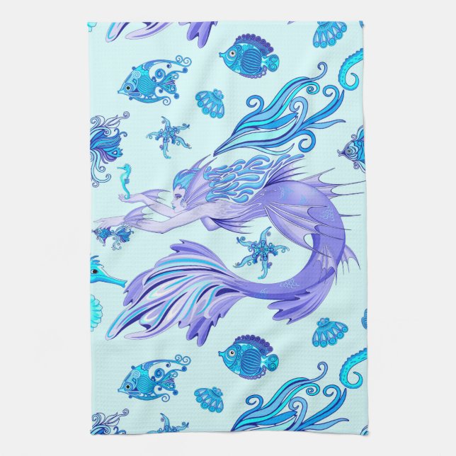 Mystic Mermaid Fairy Purple Creature Ceramic Tile Tea Towel (Vertical)