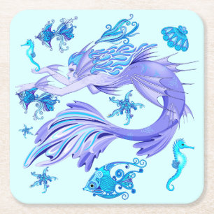 Mystic Mermaid Fairy Purple Creature Square Paper Coaster