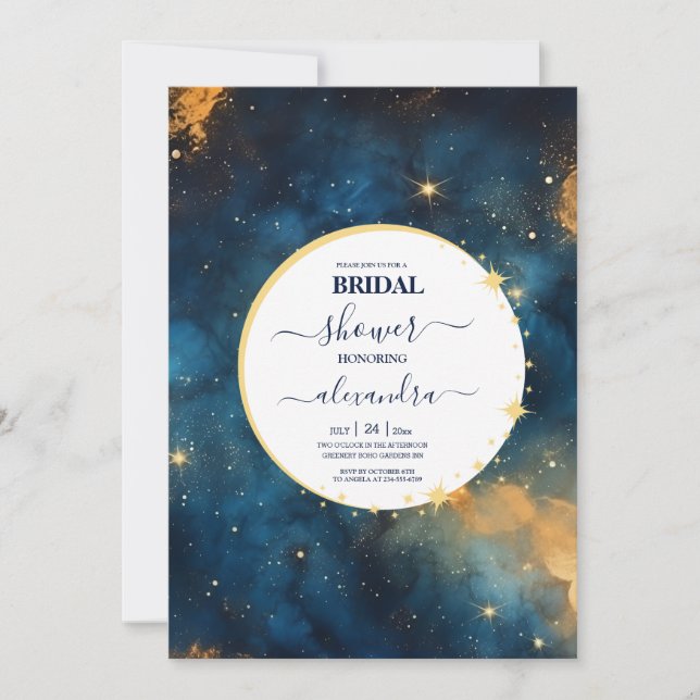 Mystic Midnight Blue and Gold Watercolor Bridal Invitation (Front)