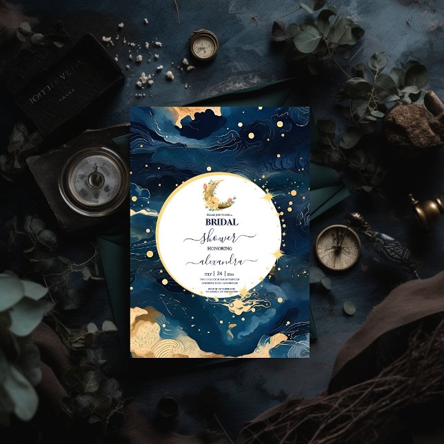 Mystic Midnight Blue and Gold Watercolor Bridal Invitation (Creator Uploaded)