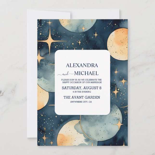 Mystic Midnight Blue and Gold Watercolor Wedding Invitation (Front)