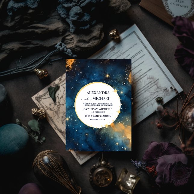Mystic Midnight Blue and Gold Watercolor Wedding Invitation (Creator Uploaded)