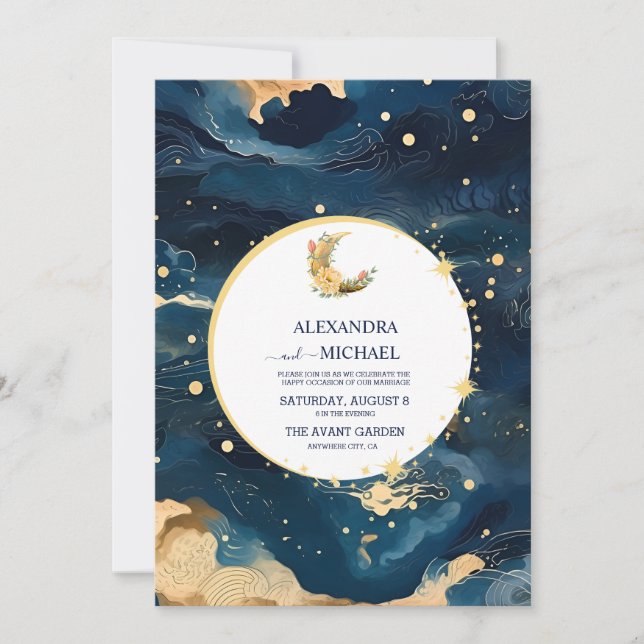 Mystic Midnight Blue and Gold Watercolor Wedding Invitation (Front)