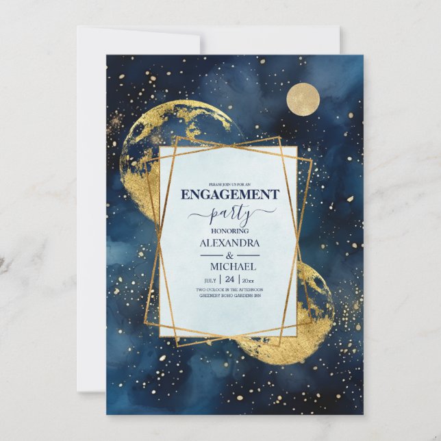Mystic Midnight Blue  Gold Watercolor Engagement Invitation (Front)