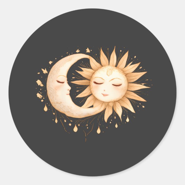 Mystic Moon and Sun Celestial Boho Style Classic Round Sticker (Front)