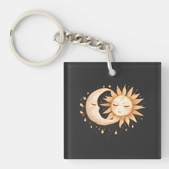 Mystic Moon and Sun Celestial Boho Style Key Ring (Front)