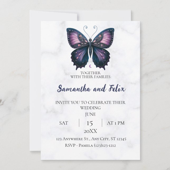 Mystic Moon Butterfly Marble Wedding Invitation (Front)