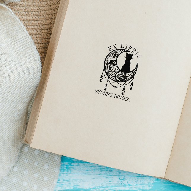 Mystic Moon Cat, Custom Ex Libris Book Rubber Stamp (Creator Uploaded)