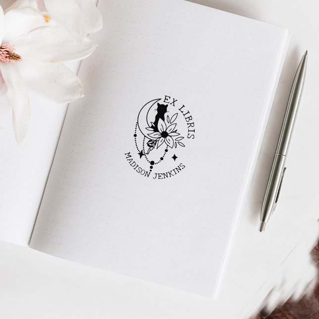 Mystic Moon Cat with Flowers, Ex Libris Book Rubber Stamp (Creator Uploaded)