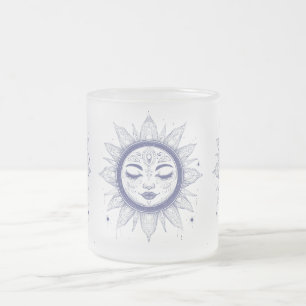 Mystic Moon Face – Celestial Spiritual Line Art Frosted Glass Coffee Mug