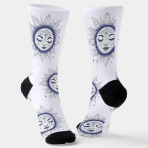 Mystic Moon Face – Celestial Spiritual Line Art Socks