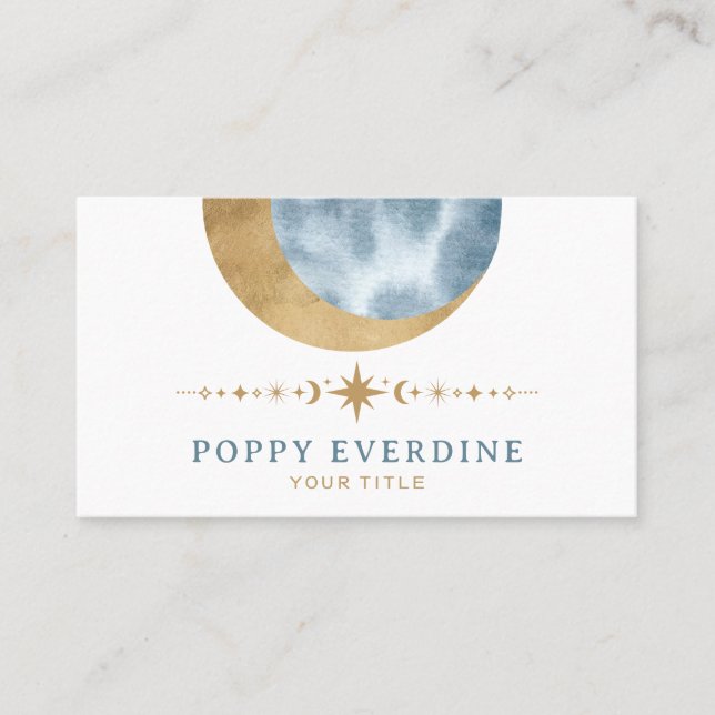 Mystic Moon Gold Blue Stars Astrology Yoga  Business Card (Front)