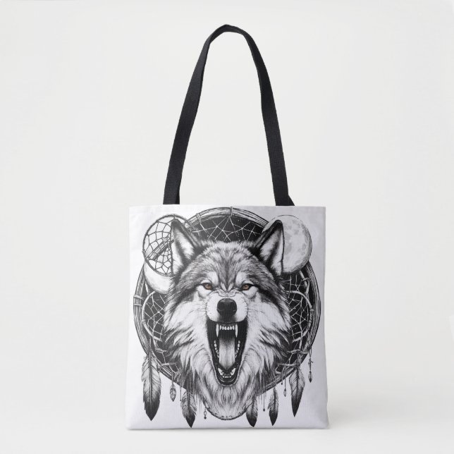 Mystic Moon Howler - Dreamcatcher Wolf Art Tote Bag (Front)