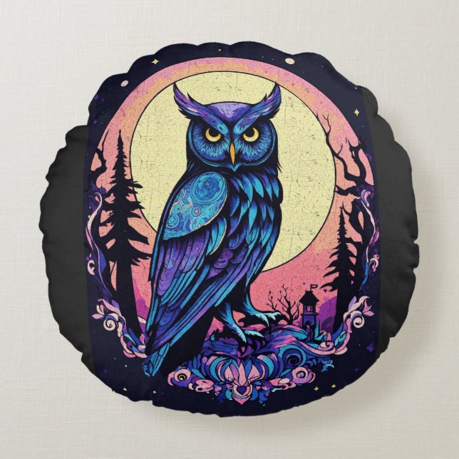 Mystic Moon Owl TShirt  Enchanting Nocturnal Style Round Cushion (Front)
