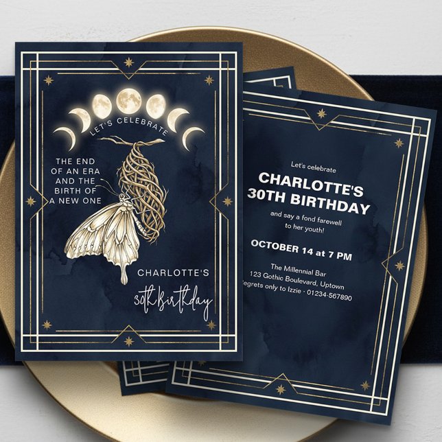 Mystic Moon Phase Tarot 30th Birthday Invitation (Celestial transformation end of an era birthday invitation by Darling & May (printed or digital))
