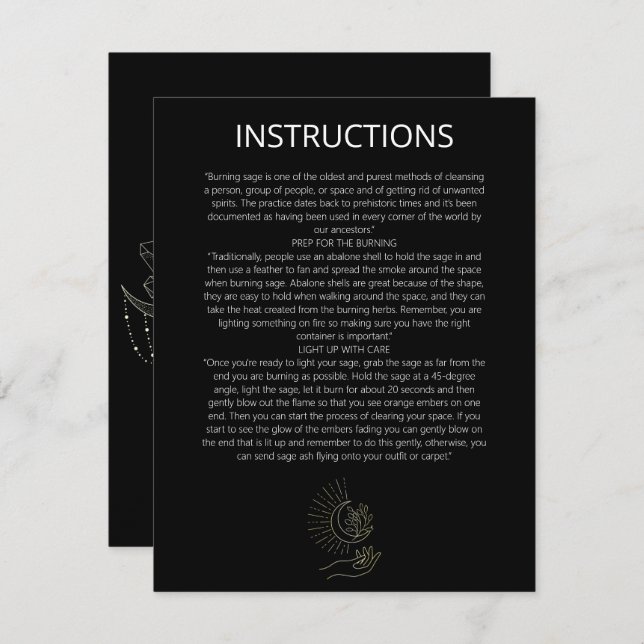 Mystic Moon Sage Cleansing Instructions Card (Front/Back)