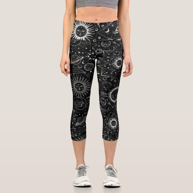 Mystic  Moon Stars Sun Planet Psychedelics Art Capri Leggings (Front)