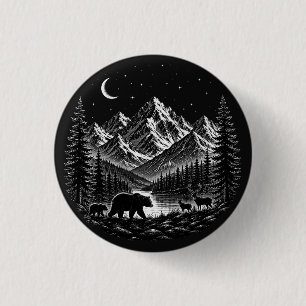 Mystic Mountain Wilderness Night Linocut Style 3 Cm Round Badge