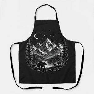 Mystic Mountain Wilderness Night Linocut Style Apron