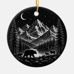 Mystic Mountain Wilderness Night Linocut Style Ceramic Tree Decoration