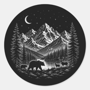 Mystic Mountain Wilderness Night Linocut Style Classic Round Sticker