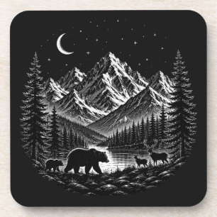 Mystic Mountain Wilderness Night Linocut Style Coaster
