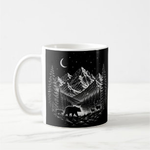 Mystic Mountain Wilderness Night Linocut Style Coffee Mug