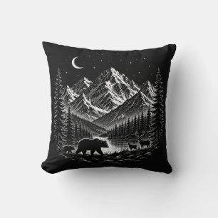 Mystic Mountain Wilderness Night Linocut Style Cushion