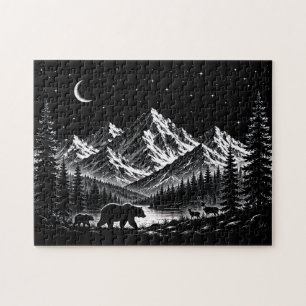 Mystic Mountain Wilderness Night Linocut Style Jigsaw Puzzle