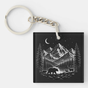 Mystic Mountain Wilderness Night Linocut Style Key Ring