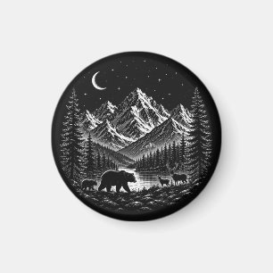 Mystic Mountain Wilderness Night Linocut Style Magnet