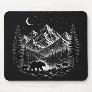 Mystic Mountain Wilderness Night Linocut Style Mouse Mat