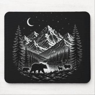 Mystic Mountain Wilderness Night Linocut Style Mouse Mat