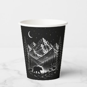 Mystic Mountain Wilderness Night Linocut Style Paper Cups