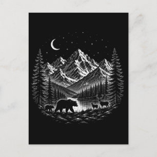 Mystic Mountain Wilderness Night Linocut Style Postcard