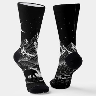 Mystic Mountain Wilderness Night Linocut Style Socks