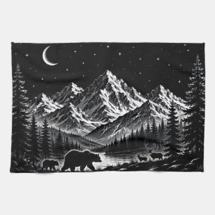 Mystic Mountain Wilderness Night Linocut Style Tea Towel