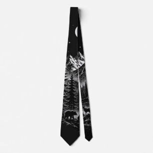 Mystic Mountain Wilderness Night Linocut Style Tie