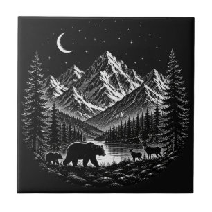 Mystic Mountain Wilderness Night Linocut Style Tile