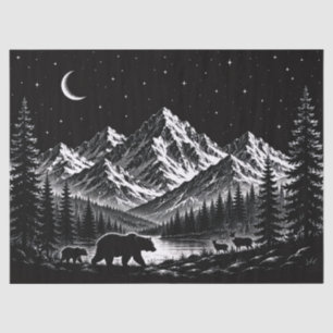 Mystic Mountain Wilderness Night Linocut Style Tissue Paper
