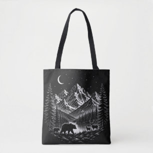Mystic Mountain Wilderness Night Linocut Style Tote Bag