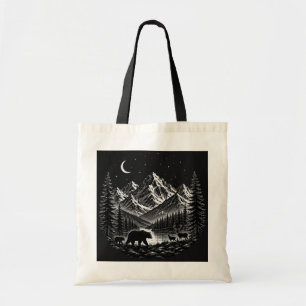 Mystic Mountain Wilderness Night Linocut Style Tote Bag