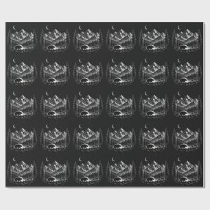 Mystic Mountain Wilderness Night Linocut Style Wrapping Paper