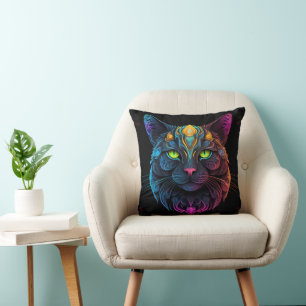Mystic Neon Mandala Cat Psychedelic Feline Fantasy Cushion