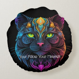 Mystic Neon Mandala Cat Psychedelic Feline Fantasy Round Cushion