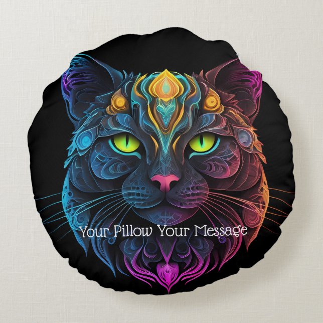 Mystic Neon Mandala Cat Psychedelic Feline Fantasy Round Cushion (Back)